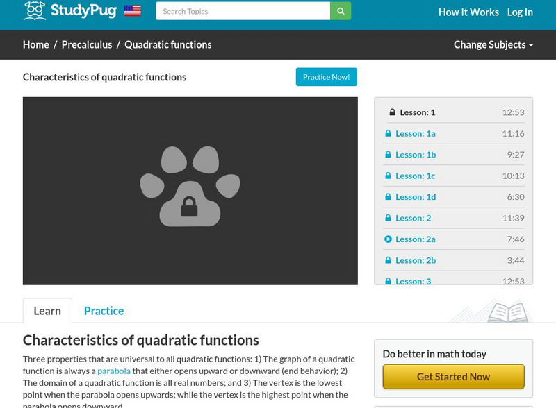 Study Pug: Characteristics of Quadratic Functions Instructional Video Study Pug: Characteristics of Quadratic Functions Instructional Video