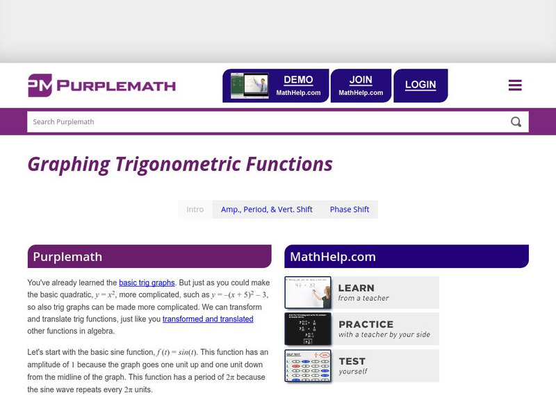 Purplemath: Graphing Trigonometric Functions Handout Purplemath: Graphing Trigonometric Functions Handout