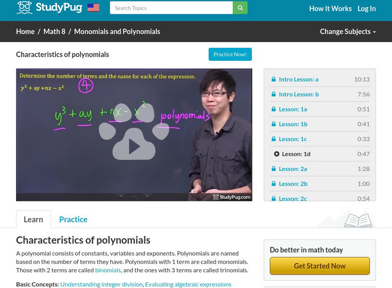 Study Pug: Characteristics of Polynomials Instructional Video