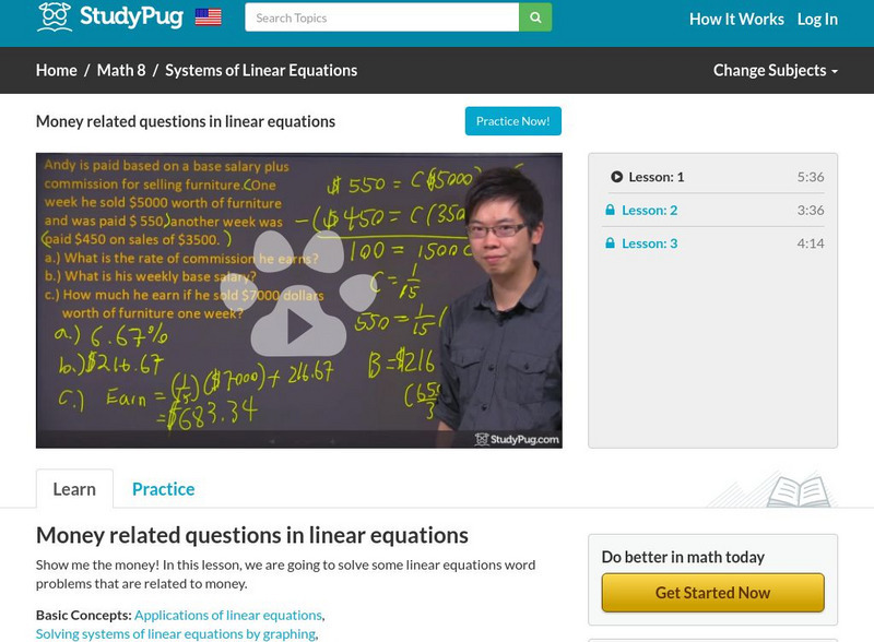 Study Pug: Money Related Questions in Linear Equations Instructional Video Study Pug: Money Related Questions in Linear Equations Instructional Video