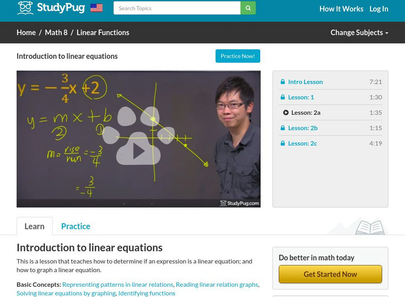 Study Pug: Introduction to Linear Equations Instructional Video Study Pug: Introduction to Linear Equations Instructional Video