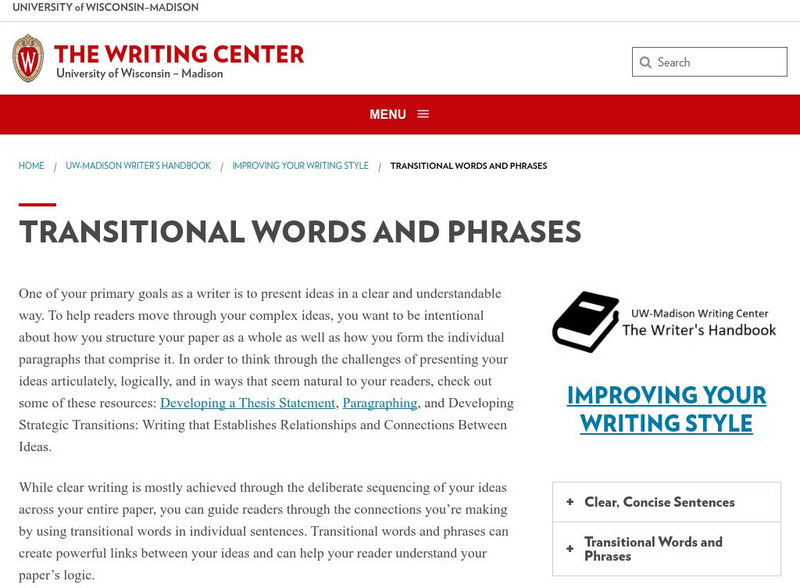 University of Wisconsin: Using Transitions: Transitional Words and Phrases Handout University of Wisconsin: Using Transitions: Transitional Words and Phrases Handout