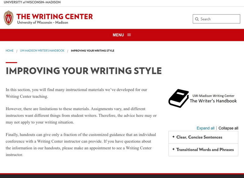 University of Wisconsin: Writing Center: Improving Your Writing Style Handout University of Wisconsin: Writing Center: Improving Your Writing Style Handout