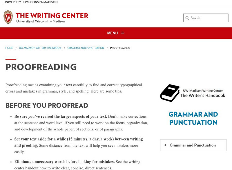 University of Wisconsin: Writing Center: How to Proofread Handout University of Wisconsin: Writing Center: How to Proofread Handout