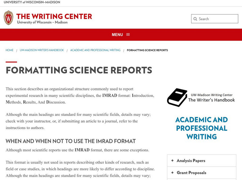 University of Wisconsin: Writing Center: Formatting Science Reports Handout University of Wisconsin: Writing Center: Formatting Science Reports Handout