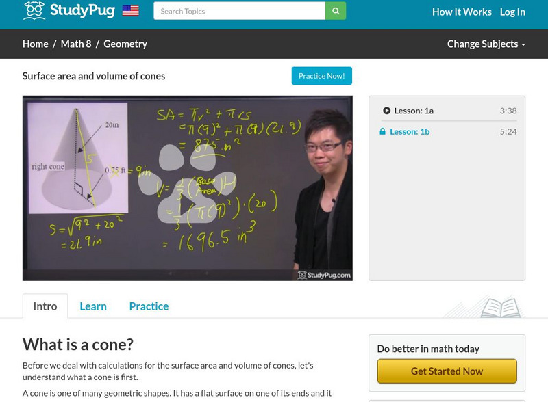 Study Pug: Surface Area and Volume of Cones Instructional Video Study Pug: Surface Area and Volume of Cones Instructional Video