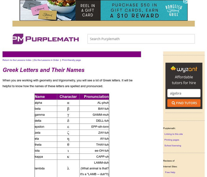 Purplemath: Greek Letters and Their Names Handout Purplemath: Greek Letters and Their Names Handout