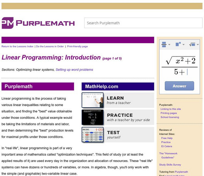 Purplemath: Linear Programming: Introduction Handout Purplemath: Linear Programming: Introduction Handout