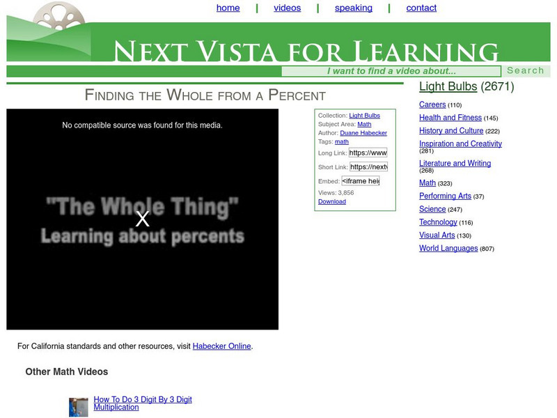 Next Vista for Learning: Finding the Whole From a Percent Instructional Video Next Vista for Learning: Finding the Whole From a Percent Instructional Video