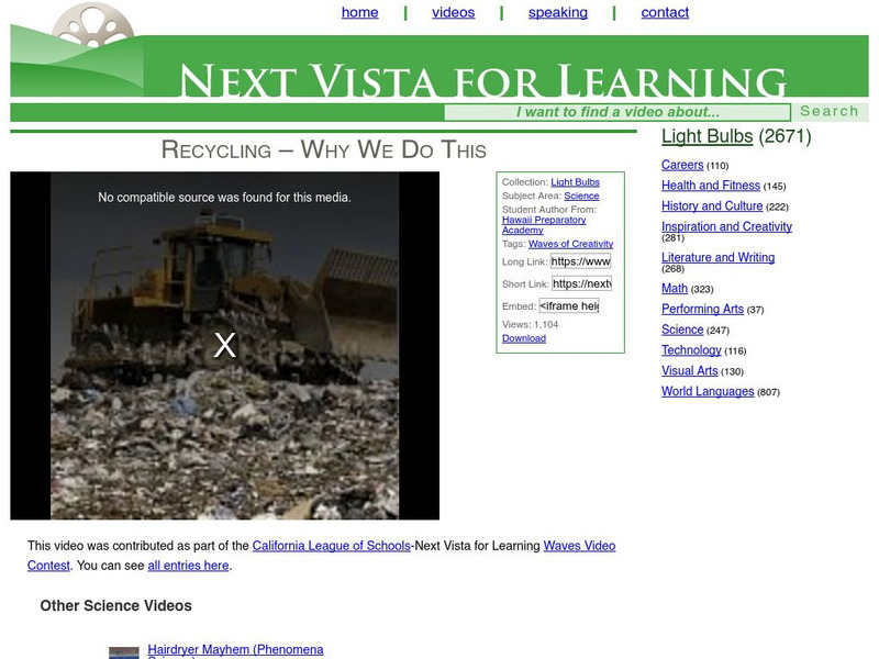 Next Vista for Learning: Recycling: Why We Do This Instructional Video Next Vista for Learning: Recycling: Why We Do This Instructional Video