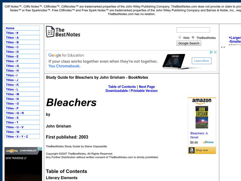 The Best Notes: Bleachers by John Grisham Unit Plan The Best Notes: Bleachers by John Grisham Unit Plan