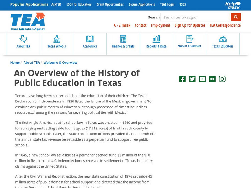 Texas Education Agency: An Overview of the History of Public Education in Texas Article Texas Education Agency: An Overview of the History of Public Education in Texas Article