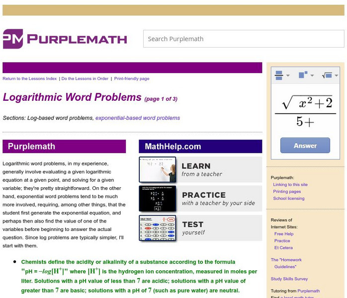 Purplemath: Logarithmic Word Problems Handout Purplemath: Logarithmic Word Problems Handout