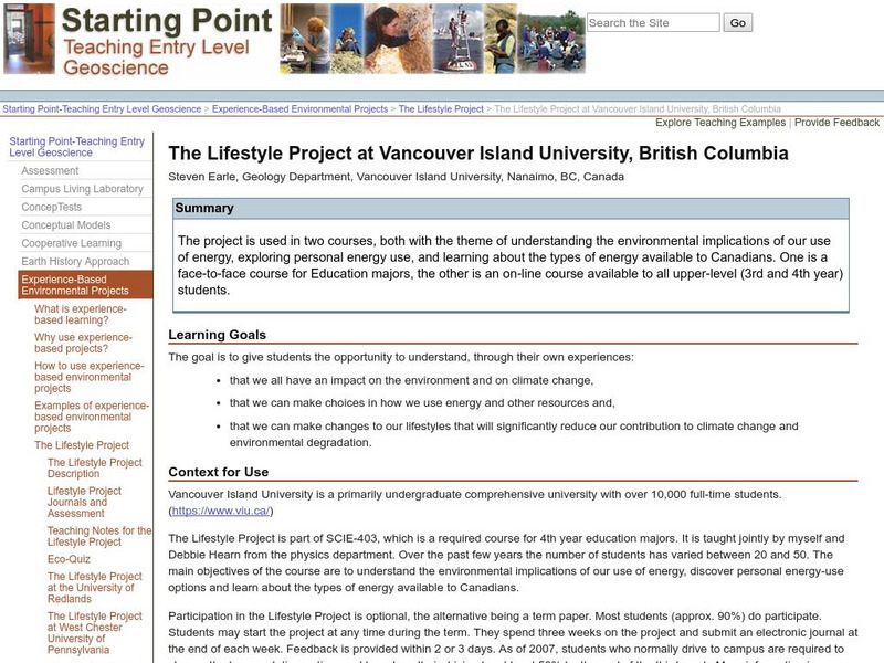 Serc: The Lifestyle Project at Malaspina University College, British Columbia Lesson Plan