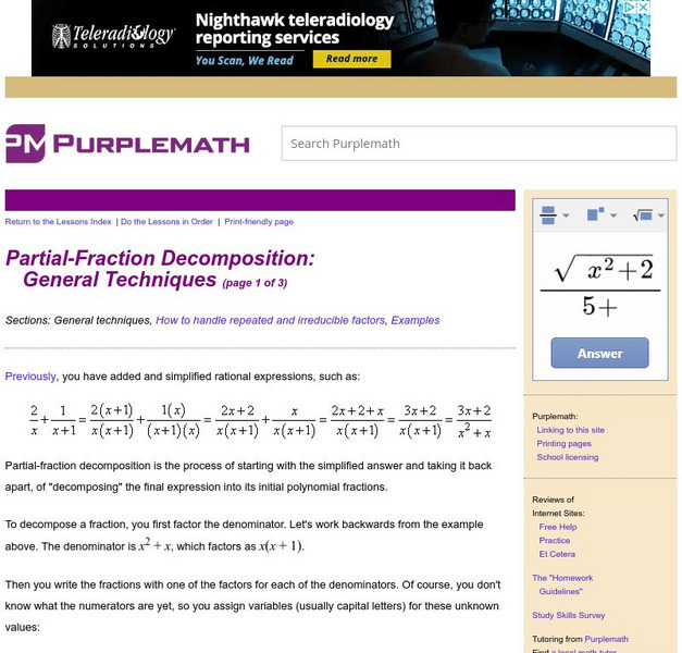 Purplemath: Partial Fraction Decomposition: General Techniques Handout Purplemath: Partial Fraction Decomposition: General Techniques Handout