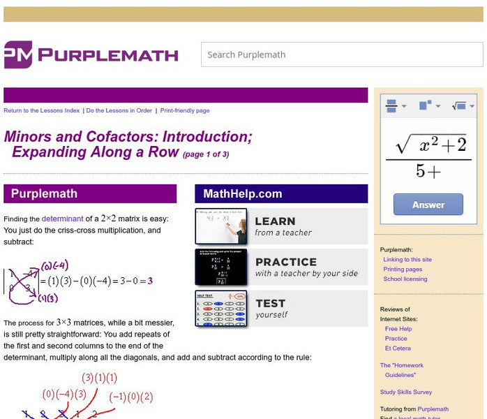 Purplemath: Minors and Cofactors: Expanding Along a Row Handout Purplemath: Minors and Cofactors: Expanding Along a Row Handout