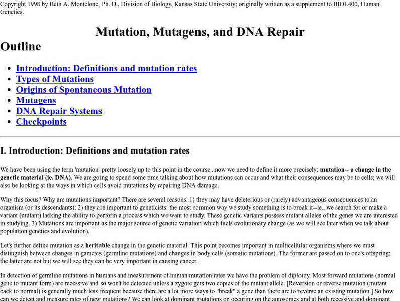 Mutations, Mutagens and Dna Repair: Types of Mutations Handout Mutations, Mutagens and Dna Repair: Types of Mutations Handout