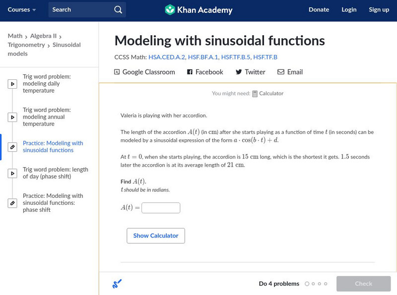 Khan Academy: Algebra Ii: Modeling With Sinusoidal Functions Unknown Type