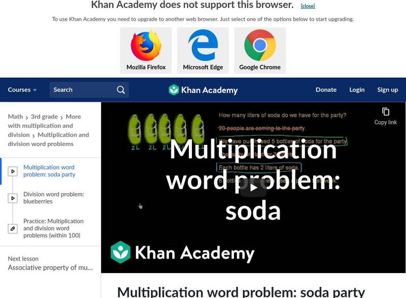 Khan Academy: Multiplication Word Problem: Soda Party Instructional Video