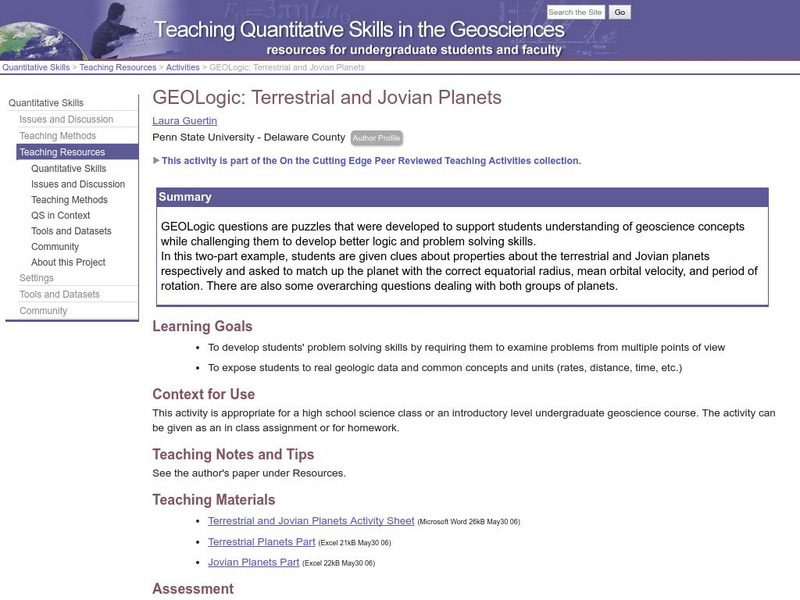 Serc: Geo Logic: Terrestrial and Jovian Planets Lesson Plan Serc: Geo Logic: Terrestrial and Jovian Planets Lesson Plan