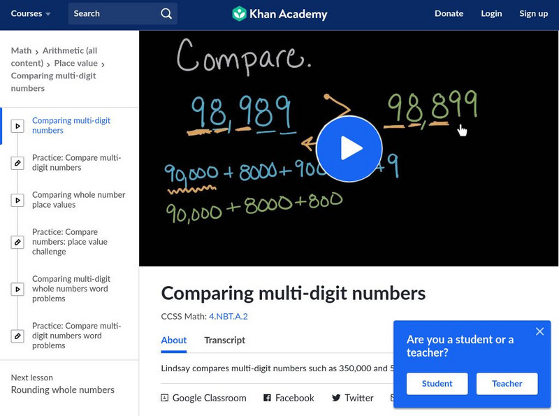 Khan Academy: Comparing Multi Digit Numbers Instructional Video for 4th ...