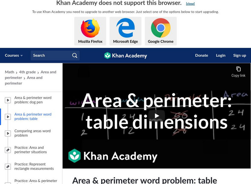 Khan Academy: Area and Perimeter Word Problem: Table Instructional Video Khan Academy: Area and Perimeter Word Problem: Table Instructional Video
