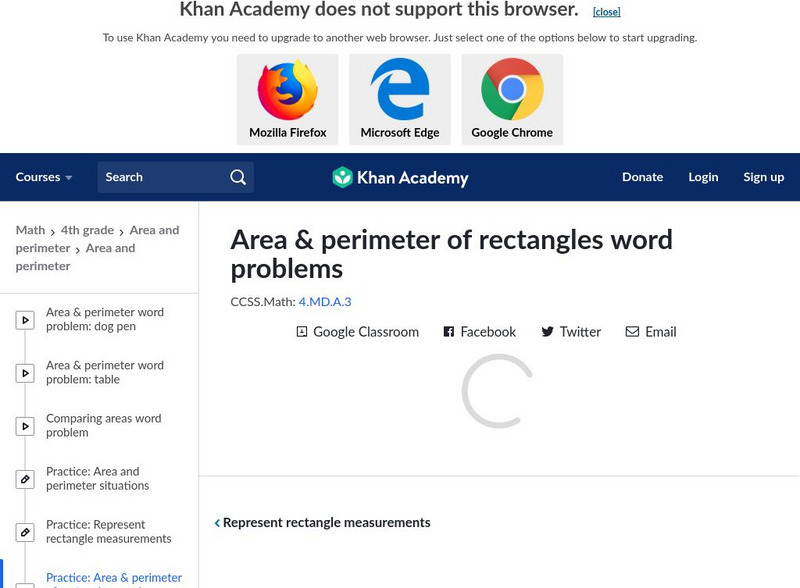 Khan Academy: Practice: Area & Perimeter of Rectangles Word Problems Unknown Type Khan Academy: Practice: Area & Perimeter of Rectangles Word Problems Unknown Type