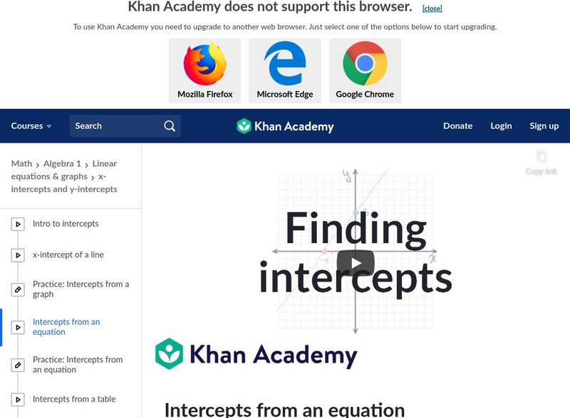 Khan Academy: Intercepts From an Equation Instructional Video