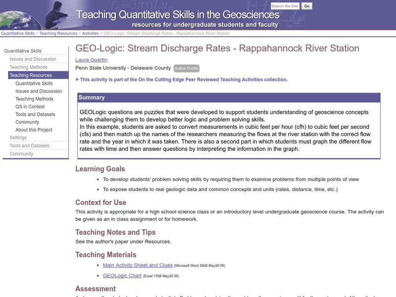 Serc: Geo Logic: Stream Discharge Rates Rappahannock River Station Lesson Plan Serc: Geo Logic: Stream Discharge Rates Rappahannock River Station Lesson Plan