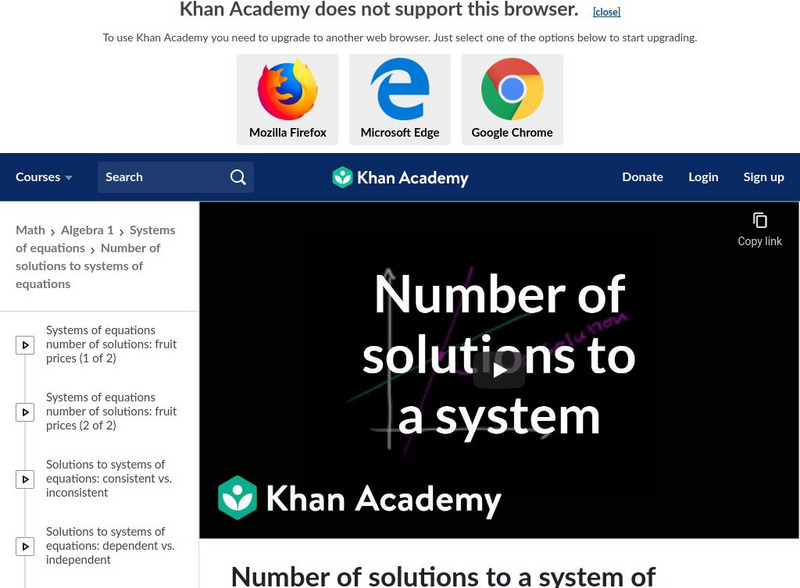 Khan Academy: Number of Solutions to a System of Equations Graphically Instructional Video Khan Academy: Number of Solutions to a System of Equations Graphically Instructional Video