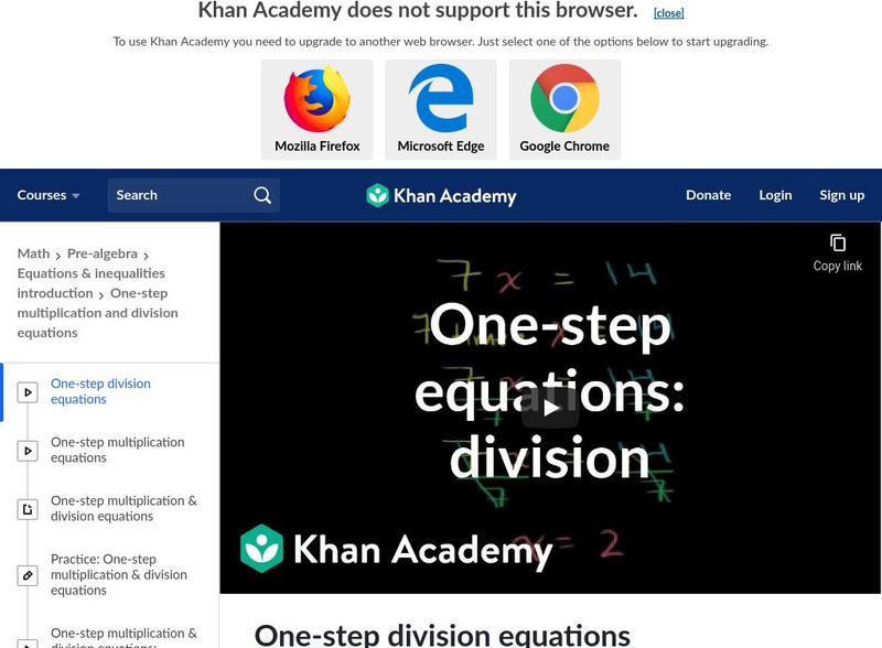 Khan Academy: One Step Division Equations Instructional Video