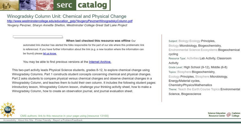 Serc: Winogradsky Column Unit: Chemical and Physical Change Lesson Plan Serc: Winogradsky Column Unit: Chemical and Physical Change Lesson Plan