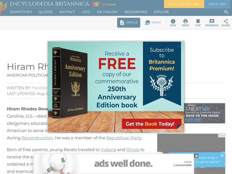 Encyclopedia Britannica: Hiram R. Revels Handout Encyclopedia Britannica: Hiram R. Revels Handout