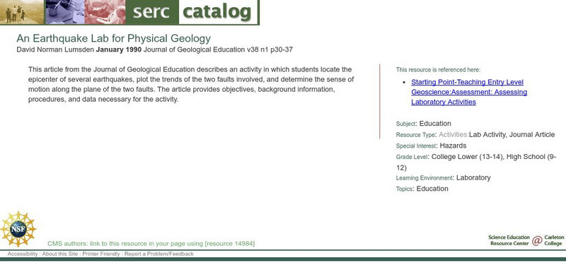 Serc: An Earthquake Lab for Physical Geology Lesson Plan Serc: An Earthquake Lab for Physical Geology Lesson Plan