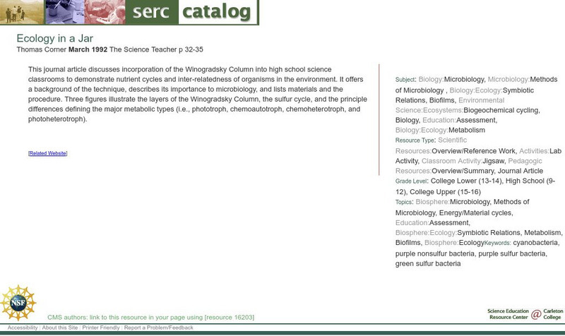 Serc: Ecology in a Jar Lesson Plan Serc: Ecology in a Jar Lesson Plan