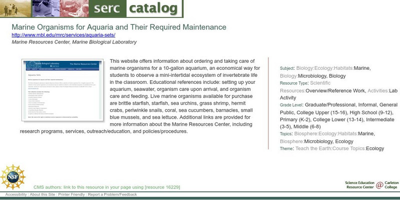 Serc: Marine Organisms for Aquaria and Their Required Maintenance Lesson Plan Serc: Marine Organisms for Aquaria and Their Required Maintenance Lesson Plan