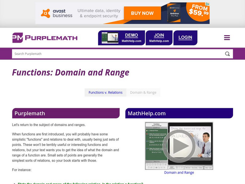 Purplemath: Functions: Domain and Range Handout Purplemath: Functions: Domain and Range Handout