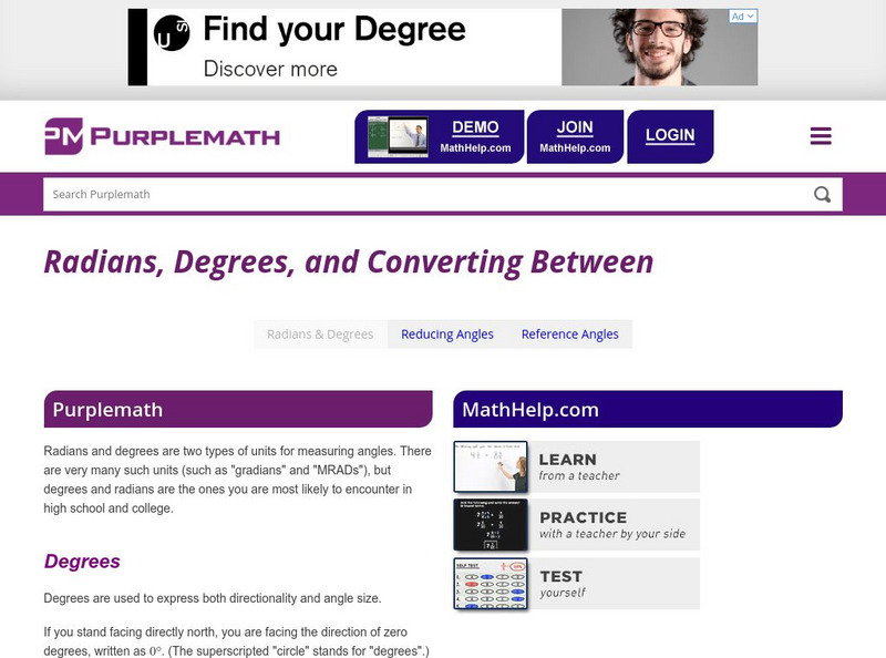 Purplemath: Converting Between Radians and Degrees Handout Purplemath: Converting Between Radians and Degrees Handout