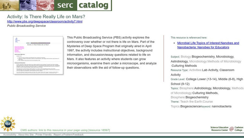 Serc: Activity: Is There Really Life on Mars? Lesson Plan Serc: Activity: Is There Really Life on Mars? Lesson Plan