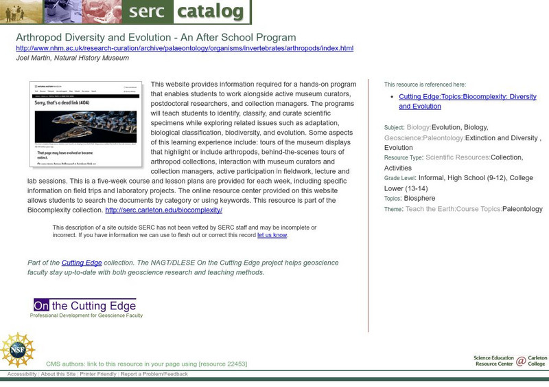 Serc: Arthropod Diversity and Evolution an After School Program Lesson Plan Serc: Arthropod Diversity and Evolution an After School Program Lesson Plan