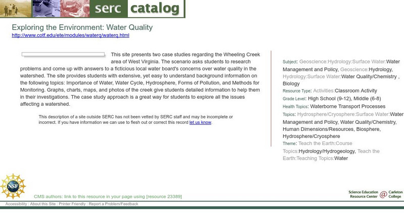 Serc: Exploring the Environment: Water Quality Unit Plan Serc: Exploring the Environment: Water Quality Unit Plan