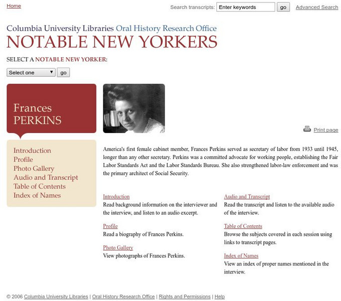 Columbia University Libraries: Notable New Yorkers: Frances Perkins Audio Columbia University Libraries: Notable New Yorkers: Frances Perkins Audio