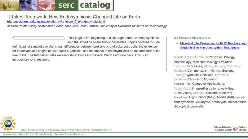 Serc: It Takes Teamwork: How Endosymbiosis Changed Life on Earth Handout Serc: It Takes Teamwork: How Endosymbiosis Changed Life on Earth Handout