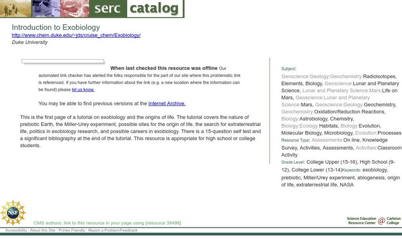 Serc: Introduction to Exobiology Lesson Plan Serc: Introduction to Exobiology Lesson Plan