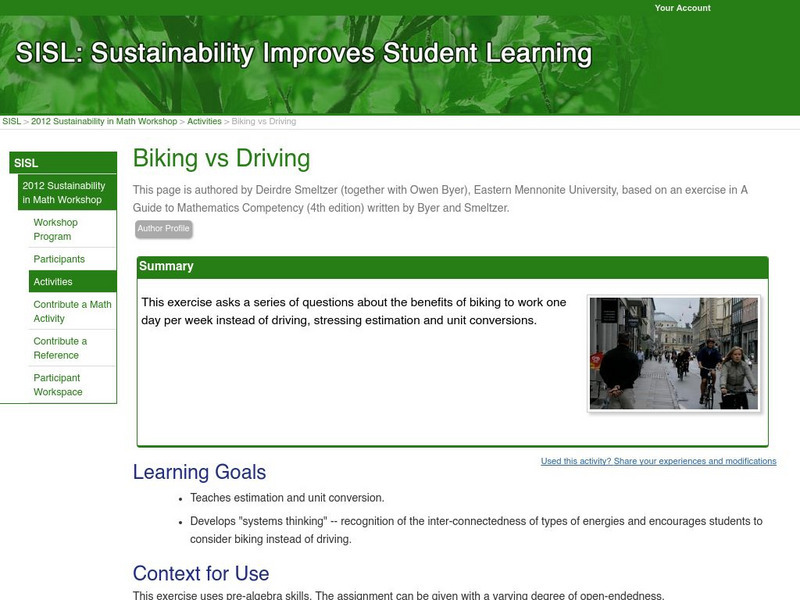 Serc: Biking vs Driving Lesson Plan Serc: Biking vs Driving Lesson Plan