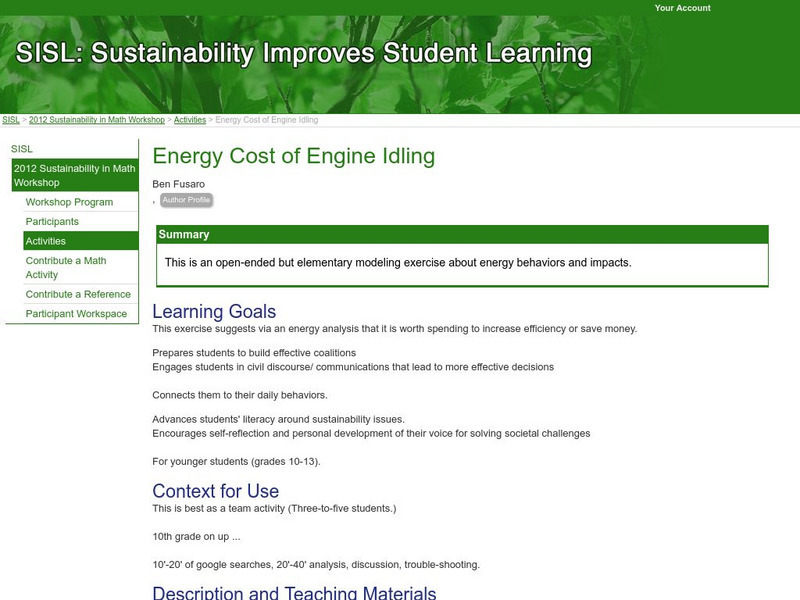 Serc: Energy Cost of Engine Idling Lesson Plan