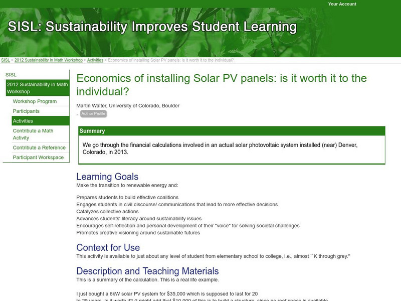 Serc: Economics of Installing Solar Pv Panels: Is It Worth It to the Individual? Lesson Plan Serc: Economics of Installing Solar Pv Panels: Is It Worth It to the Individual? Lesson Plan