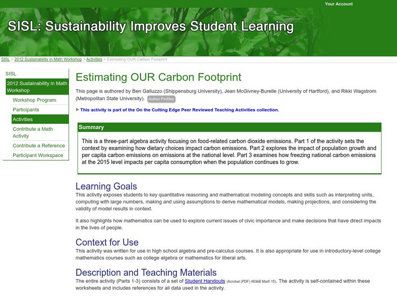 Serc: Estimating Our Carbon Footprint Lesson Plan Serc: Estimating Our Carbon Footprint Lesson Plan