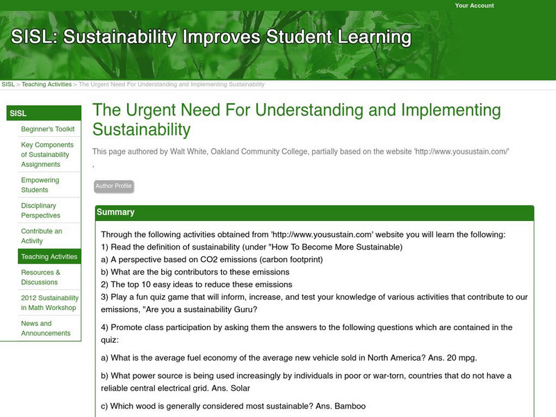 Serc: The Urgent Need for Understanding and Implementing Sustainability Lesson Plan Serc: The Urgent Need for Understanding and Implementing Sustainability Lesson Plan