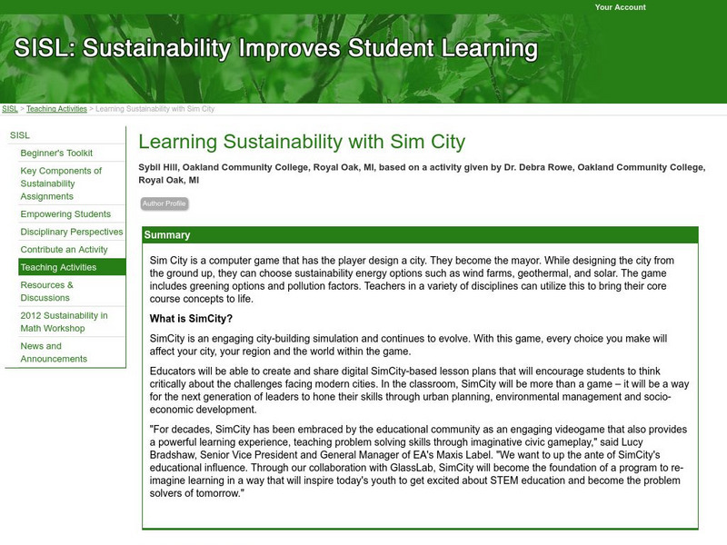 Serc: Learning Sustainability With Sim City Lesson Plan Serc: Learning Sustainability With Sim City Lesson Plan